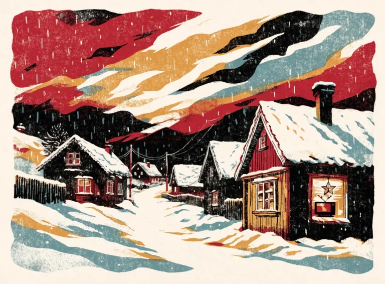 Illustrasjon: norsk bygd i snø om natten med en julestjerne og et TV-lys i vinduet