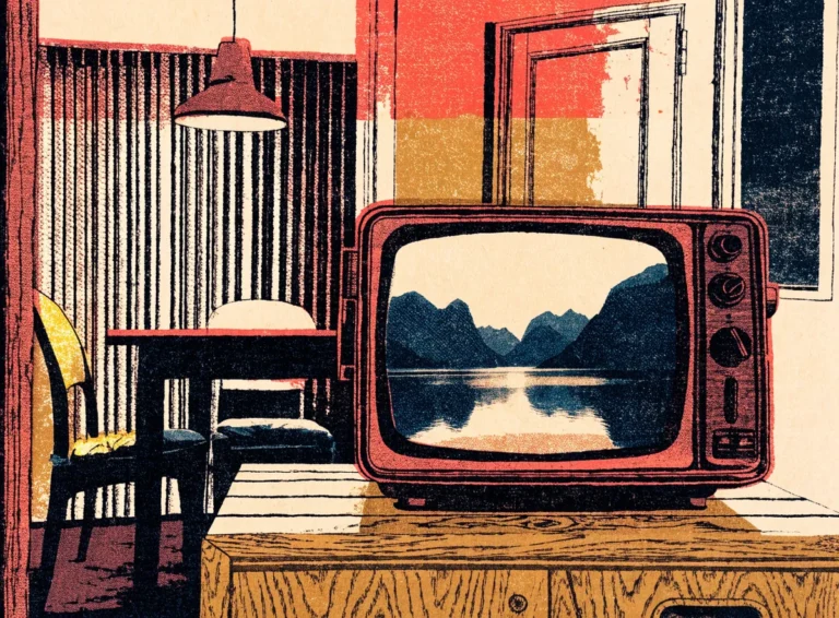 Illustrasjon: gammelt TV-apparat i en norsk stue som viser en fjord i skumringen