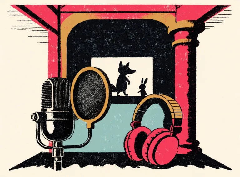 Illustrasjon: mikrofon og hodetelefoner i et dubbingstudio foran et lerret med tegnefilmfigurer