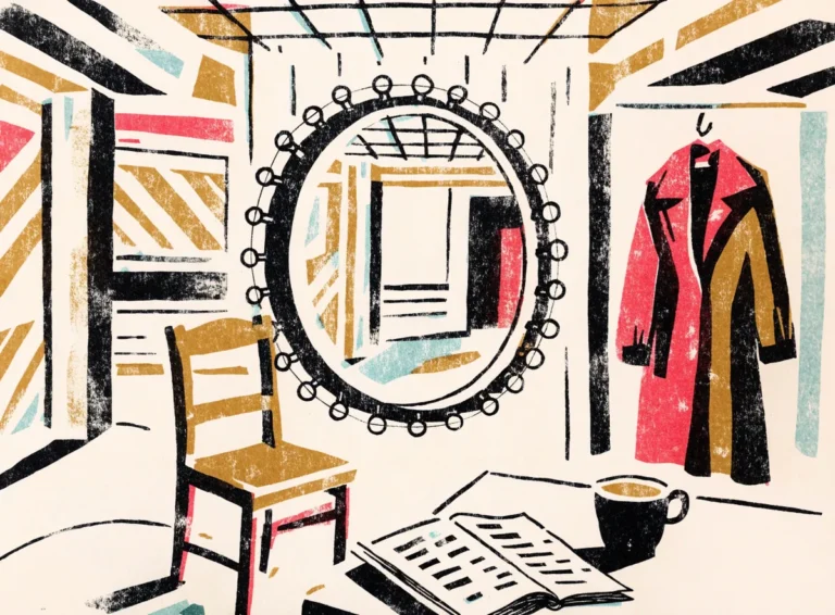 Illustrasjon: garderobe i et teater med lyspære-speil, stol og manus
